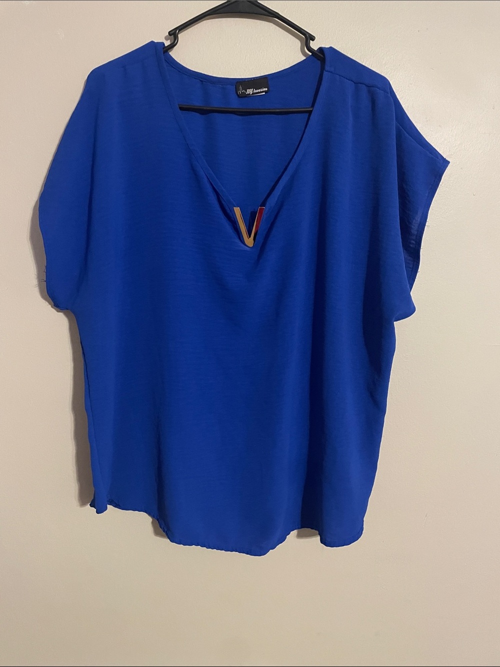 V-Neck Short Sleeve Royal Blue Blouse with Metal V Accent